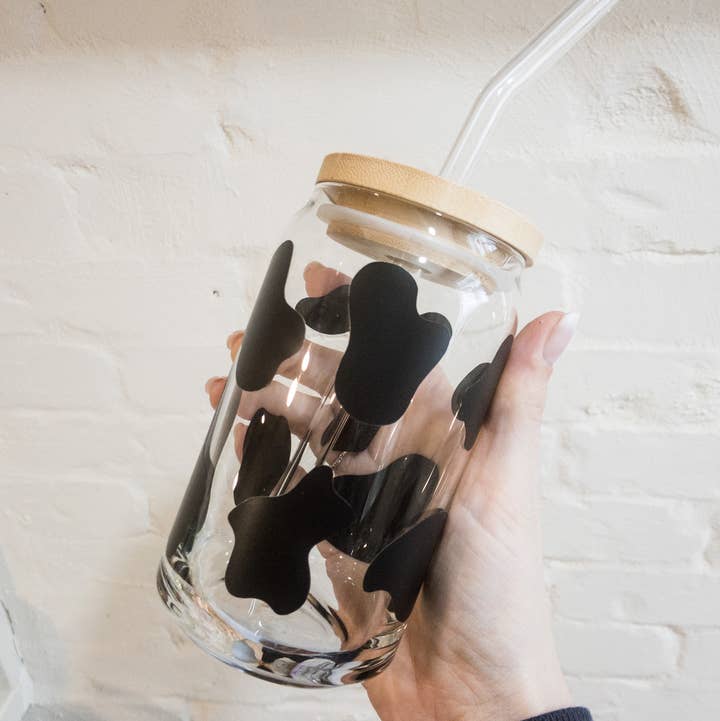 LovealwaysDesignsUS - Wholesale Drinking Glass/Cup - Cow print iced coffee glass; beer can glass; bamboo lid