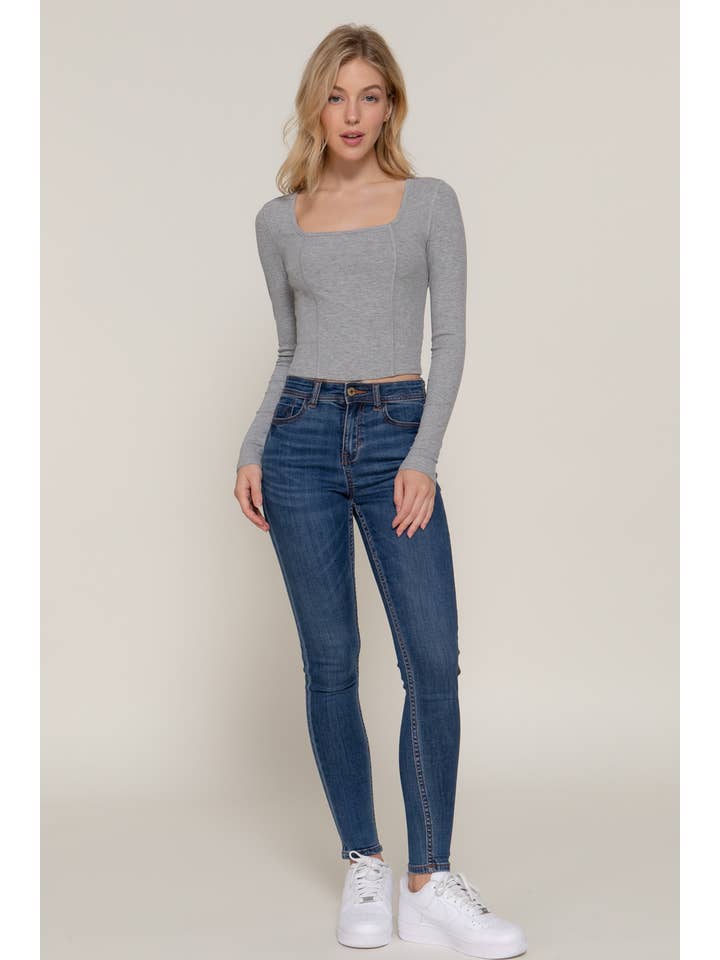 Active Basic | Active USA - Wholesale Knit Top - Women's - Long Sleeve Square Neck Corset Detail Knit Top