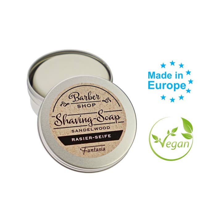 Jabón de afeitar redondo de 100 g en lata de aluminio, aroma a sándalo para venta al por mayor de Fantasia R. Espig KG