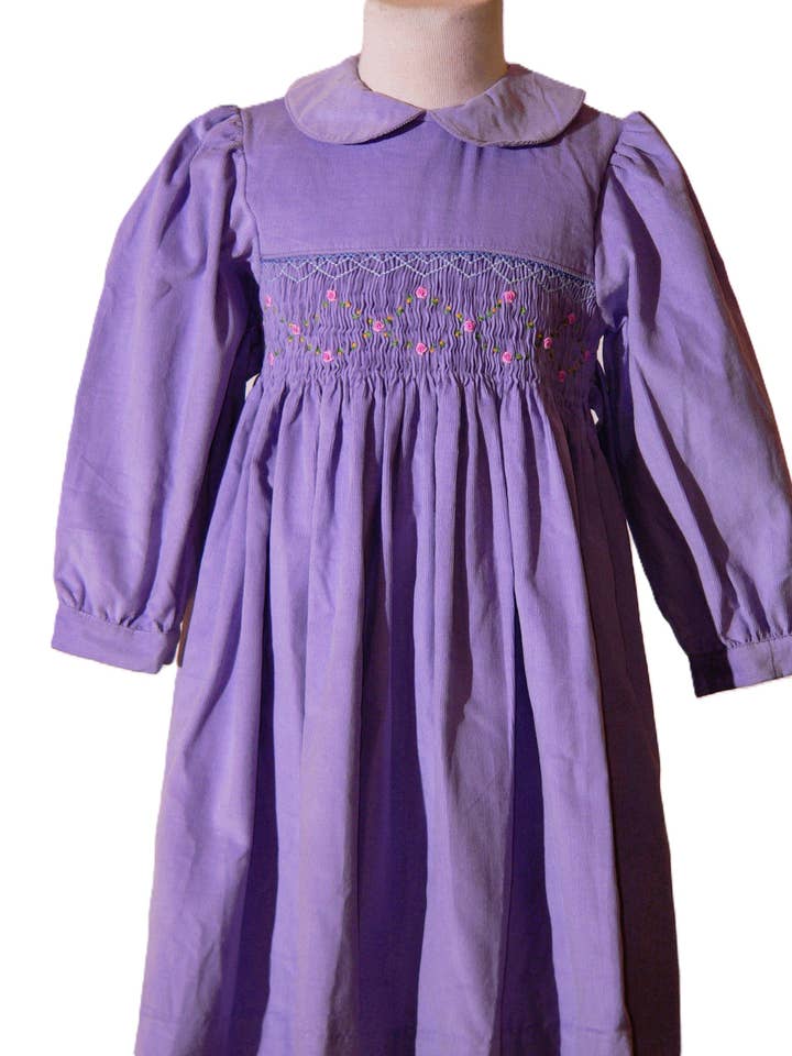 Hello Bebes! - Wholesale Dress - Kids - Purple Corduroy Geo Smocked With Roses Short Sleeve Bishop Dress2