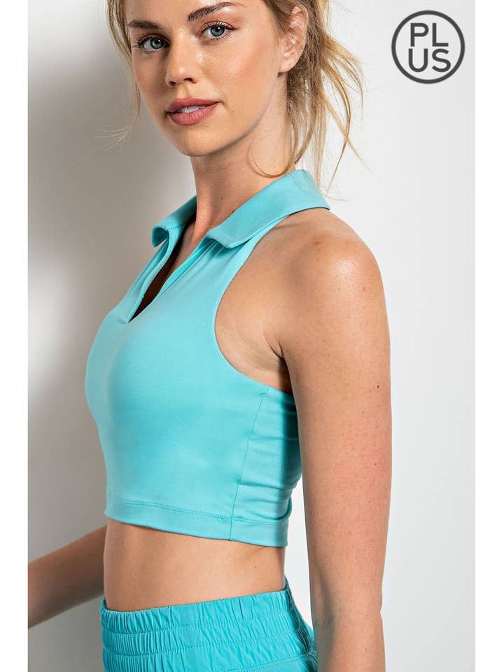 PLUS SIZE BUTTER COLLARED CROPPED SPORTS TANK WITH V-NECK for wholesale by Rae Mode