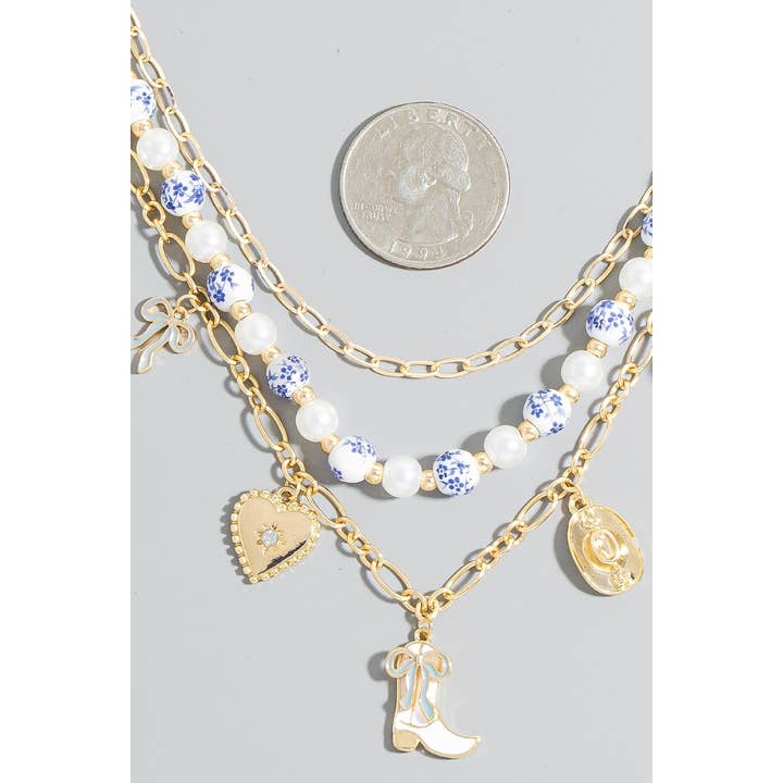 The Looks by Fame Accessories - Wholesale Pendant/Charm Necklace - Western Heart Charms Floral Ceramic Beaded Necklace
