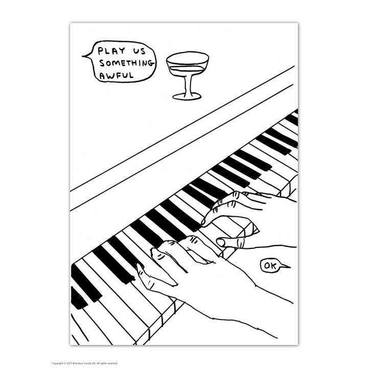 Funny A6 Art Postcard By Shrigley - Play Us Something Awful for wholesale by David Shrigley x Brainbox Candy
