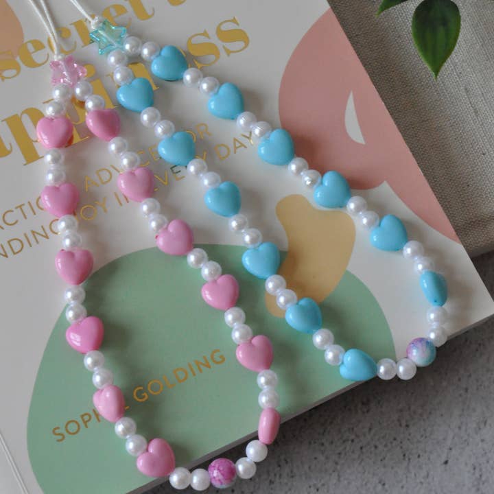 Pink Blue Hearts Beaded Phone Charm Strap for wholesale by TheMellys