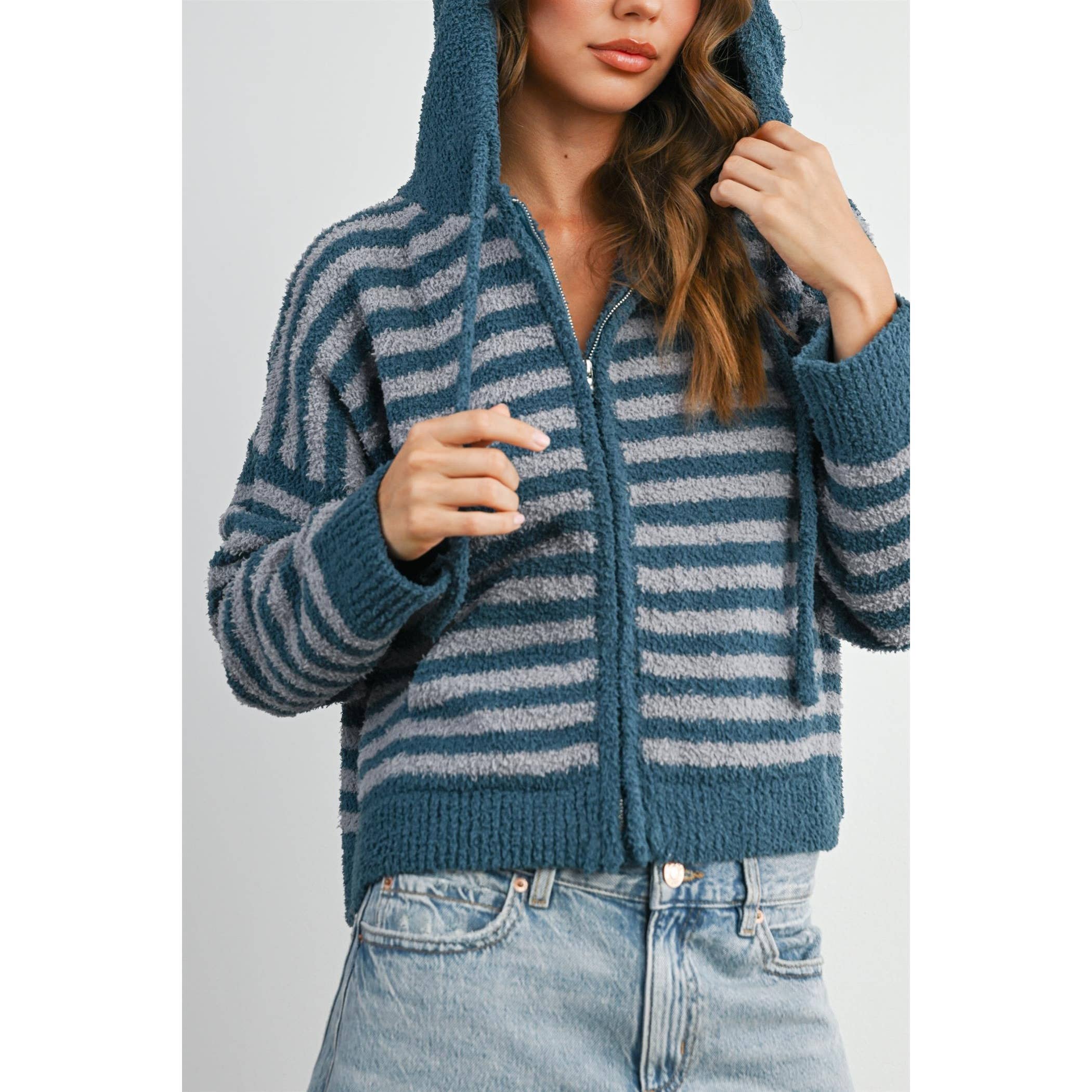 BUTTERMELON - Wholesale Knit Sweater - Women's - Striped Zip-Up Hooded Cardigan - BMC80975