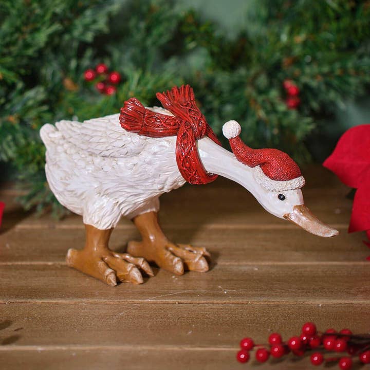 Christmas Resin Duck Leaning With Red Scarf and Hat Ornament for wholesale by Langs