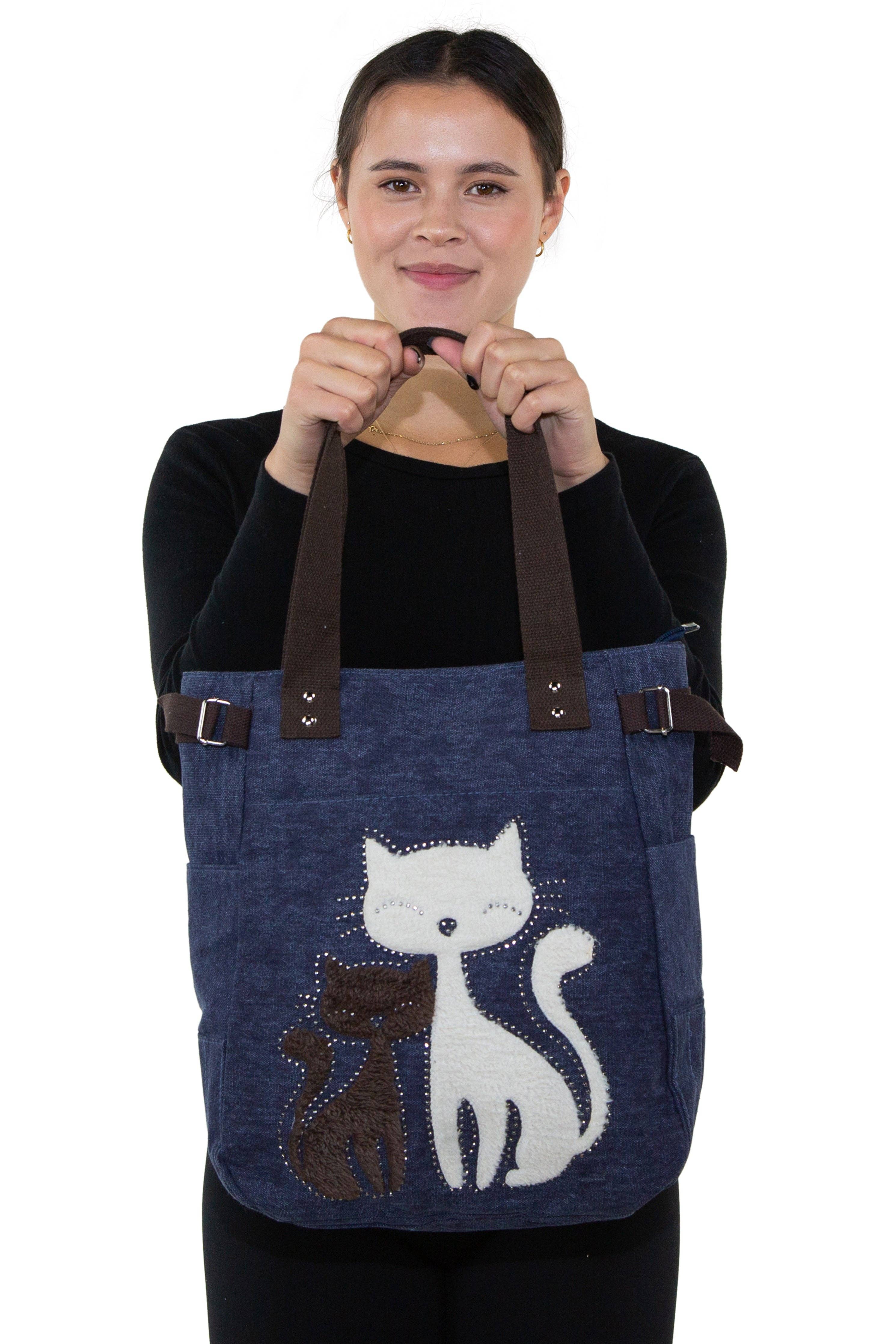 COMECO INC – wholesale Tote bag – Women's – Lovely Cats With Faux Fur And Studs Canvas Tote Bag5