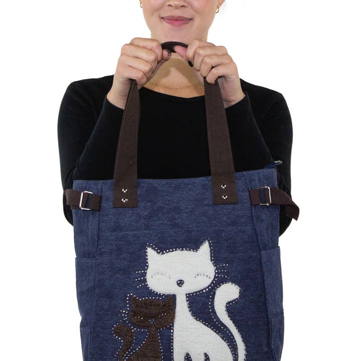 COMECO INC – wholesale Tote bag – Women's – Lovely Cats With Faux Fur And Studs Canvas Tote Bag5