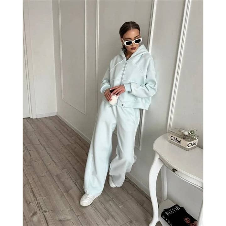 Solid Color Long Sleeve Zip Up Hoodie And Pants Set for wholesale by Ekartini