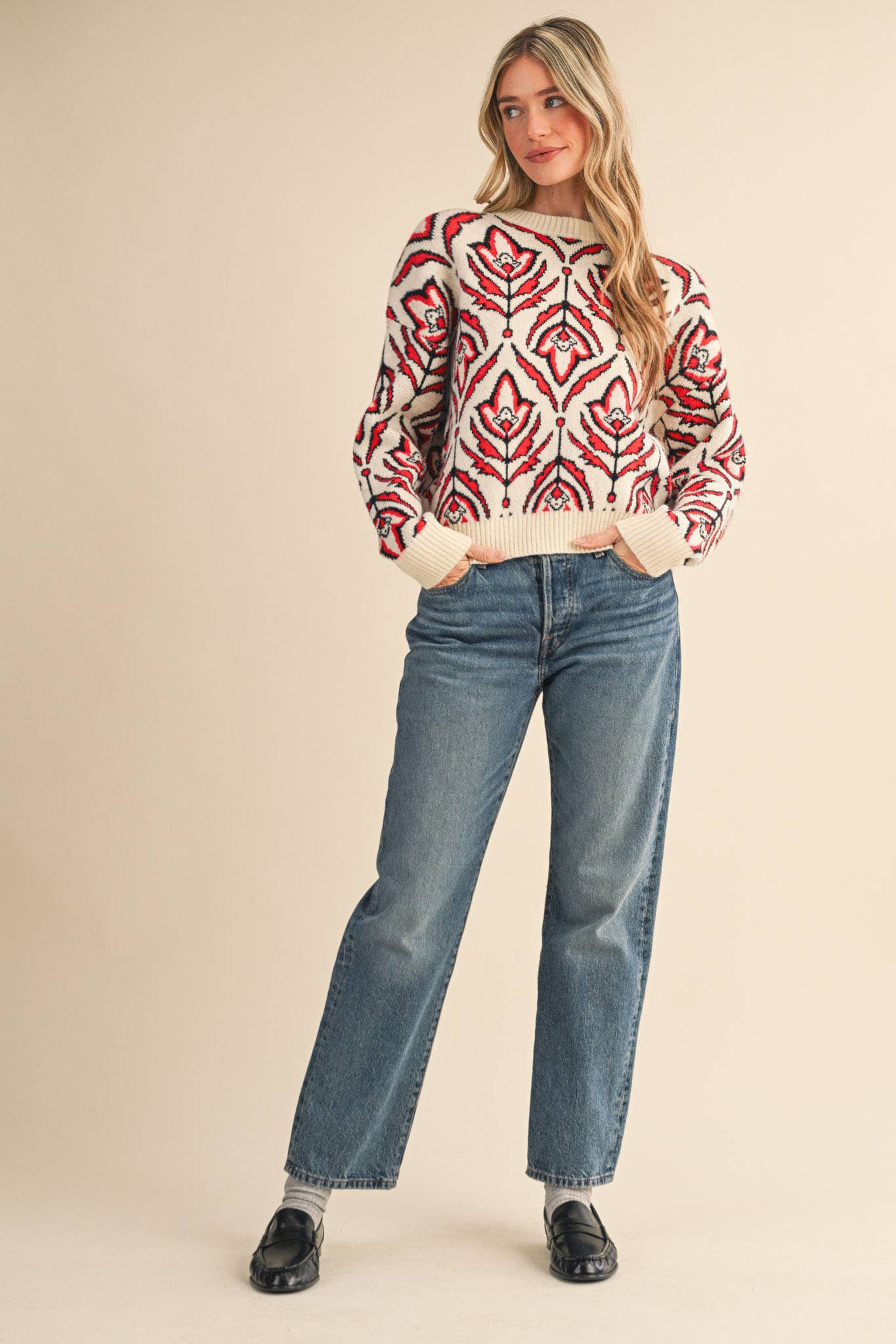 &MERCI - Wholesale Knit Sweater - Women's - FLORAL PATTERN KNIT SWEATER MSW1109514