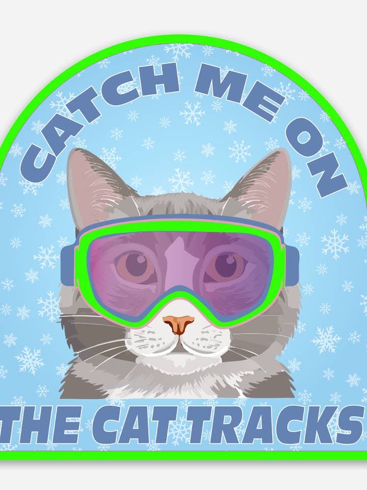 Catch Me On The Cat Tracks Retro Ski Sticker for wholesale by Made of Mountains