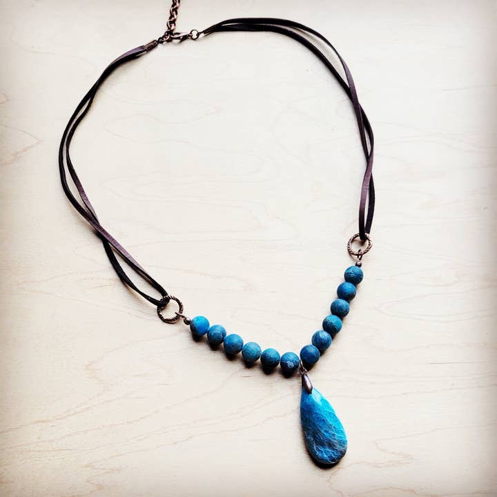 The Jewelry Junkie – Colar pingente/pendente por atacado – Colar de Ágata Oceânica com Detalhe em Pele Genuína 260e2