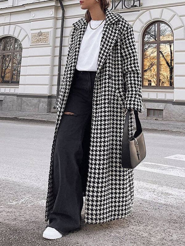 BLACK Long Sleeves Loose Houndstooth Split-Back Split-Joint Tied Waist Lapel Trench Coats for wholesale on Faire