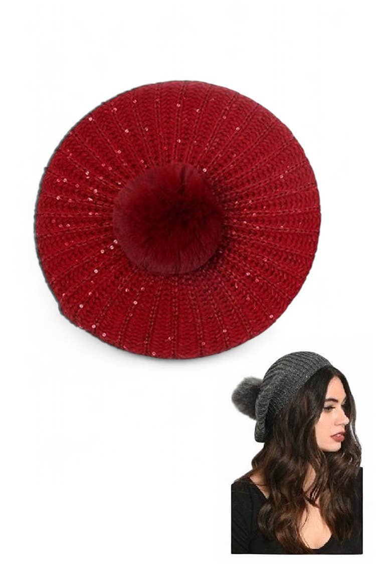 Artini Accessories - Wholesale Beanie - Women's - Sequins Accent Slouchy Loose Knit PomPom Beanie2