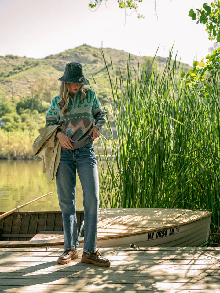 Burgundy Multi GEOMETRIC KNIT MOCK NECK HALF ZIP PULLOVER SWEATER MSW10885 for wholesale on Faire32