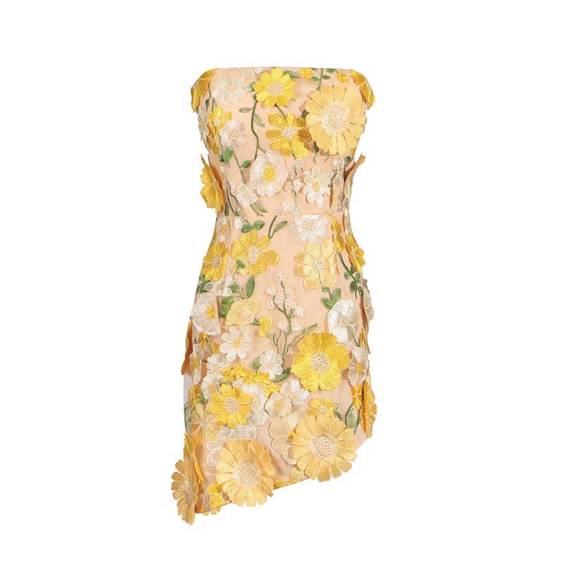 Jaune Robe courte d'été chic à bustier avec appliqué floral 3D en vente sur Faire