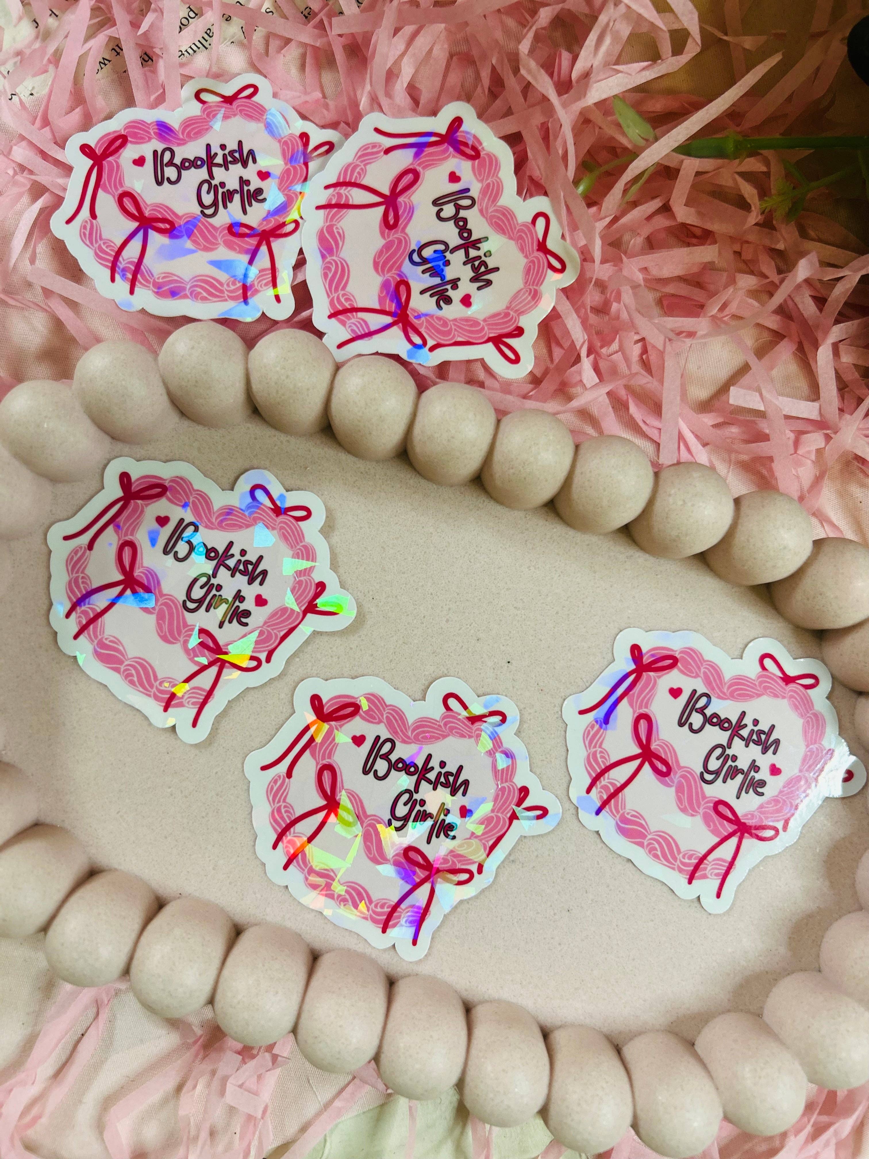 TheBookShack – wholesale Sticker – Holographic "Bookish Girlie" Vinyl Sticker – Pink Bow Design1