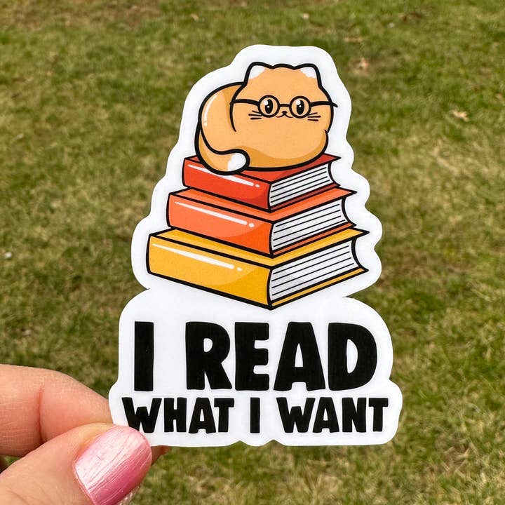 I Read What I Want Cat Books Reading Sticker for wholesale by Fishbiscuit Designs
