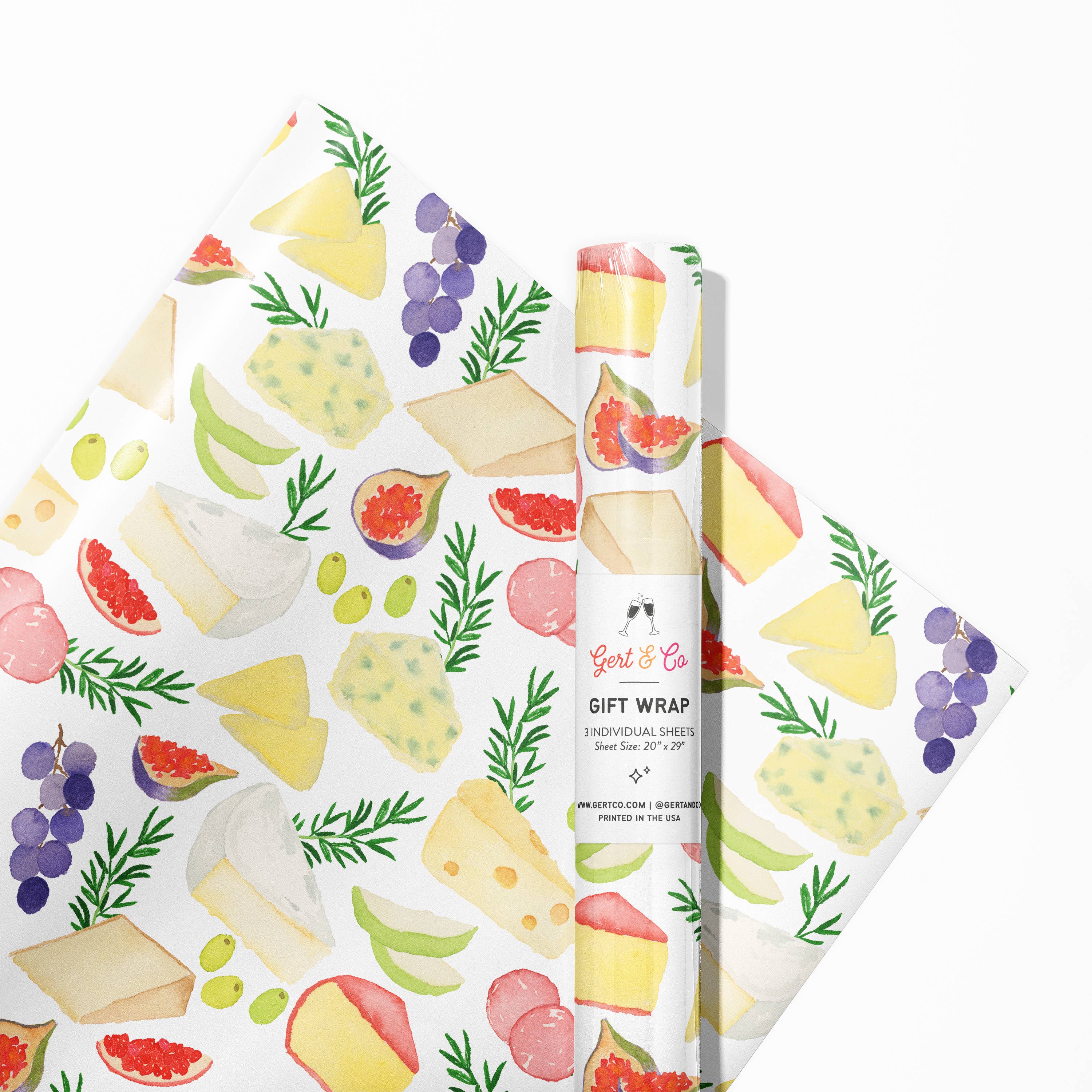Gert & Co – Großhandel Geschenkpapierrolle – Geschenkpapier mit Charcuterie-Motiven | Käsebrett Geschenkverpackung1