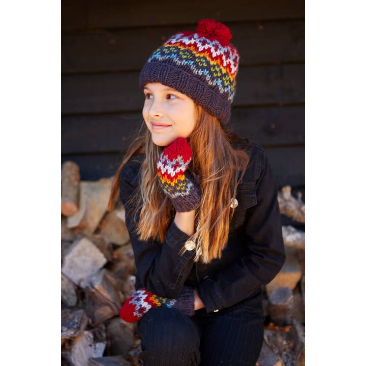 Pachamama Ltd – Engroshandel Vanter - Børn – Børn Clifden Strikkede Uld Fair Isle Vanter Marineblå Rød3