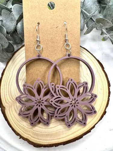 Deep Mauve Flower Hoop Acrylic Earrings for wholesale by Lindsey Lane Wholesale