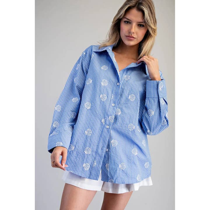 Camisa às Riscas Bordada com Conchas por atacado de STYLE USA