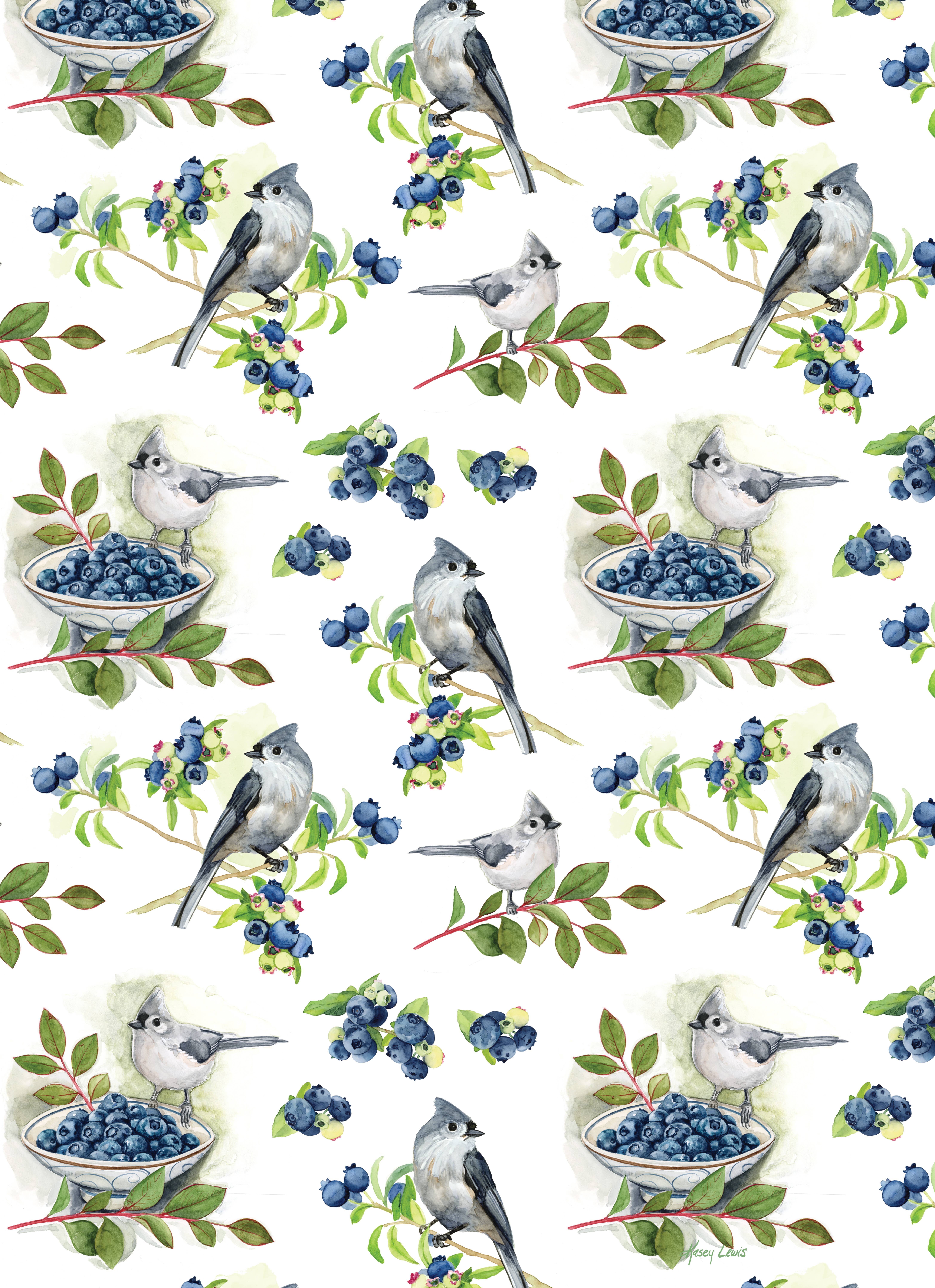 Kasey Melissa Art – wholesale Tea towel – Tufted Titmouse and Blueberries - Linen Tea Towel4