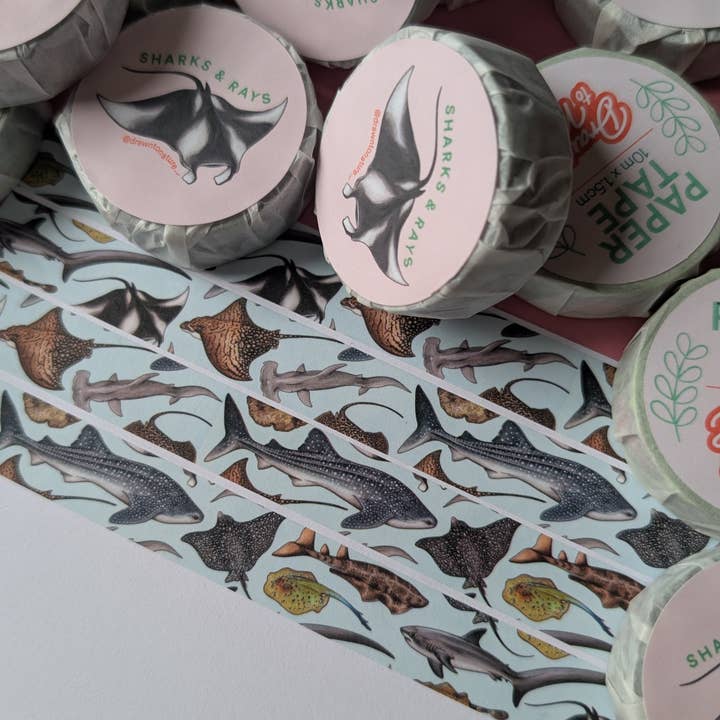 Ruban adhésif Washi Sharks & Rays - Papeterie décorative pour la vente par Drawn to Nature