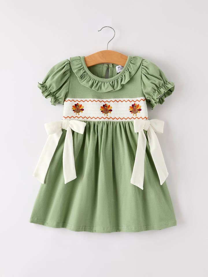 Fall Thanksgiving Chicken Smock Embroidered Green  Baby Girl Dress for wholesale by Rylee Faith Designs