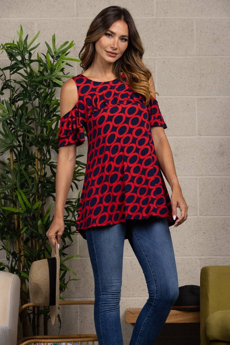 RED NAVY ROUND NECK COLD SHOULDER BLOUSE TOP for wholesale on Faire0