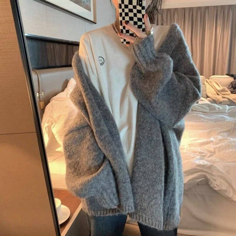 FurDecoration - Wholesale Cardigan - Women's - Solid Color Loose Knit Cardigan Sweater6
