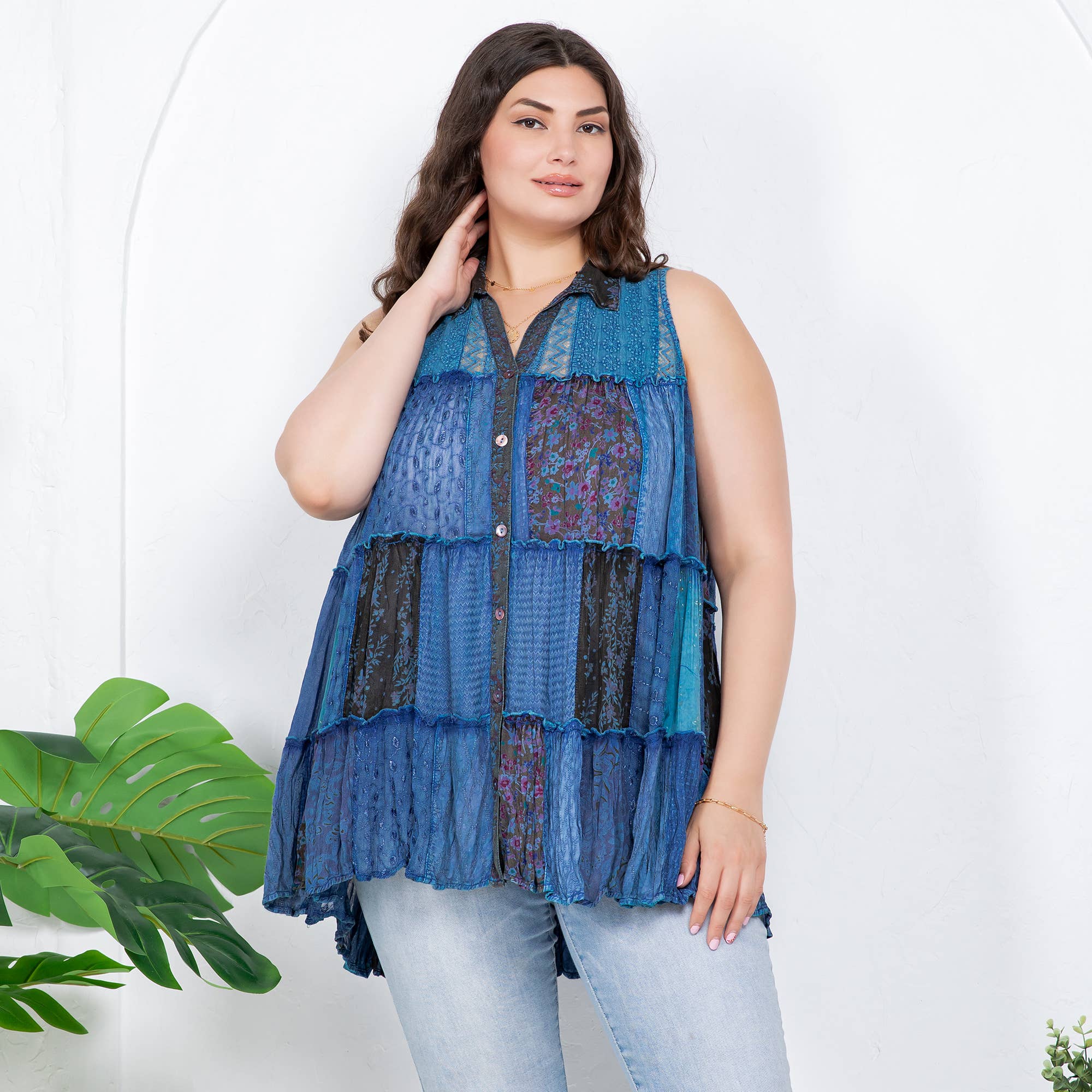 Young Threads - Wholesale Button Down Shirt - Women's - Boho Chic Nomad Patchwork Buttondown Top Sleevel (New Color)34