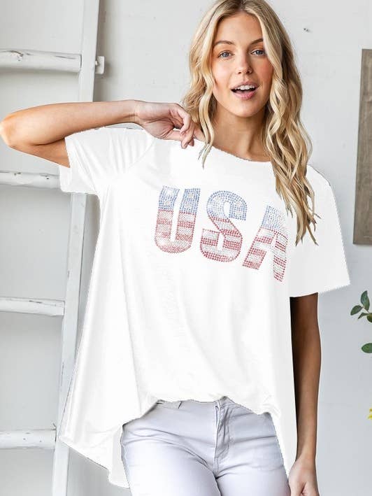 T0179HE11PL-TAMANHO GRANDE TOP SÓLIDO COM LETRAS USA EM STRASS por atacado de Sunday Morning
