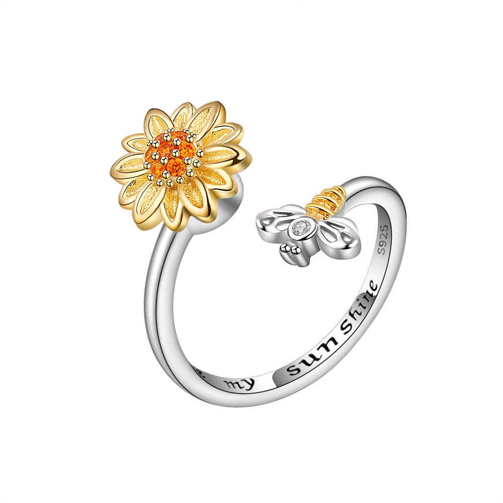 Perimade & Co. LLC – wholesale Band/stacked ring – Sunflower Bee Anxiety Fidget Spinner Ring in Sterling Silver5