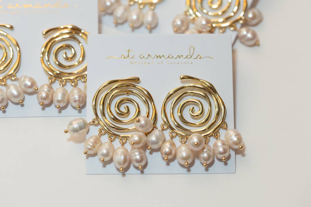 St Armands Designs of Sarasota - Wholesale Dangle Earrings - Golden Swirl Genuine Pearl Drop Statement Earrings 4