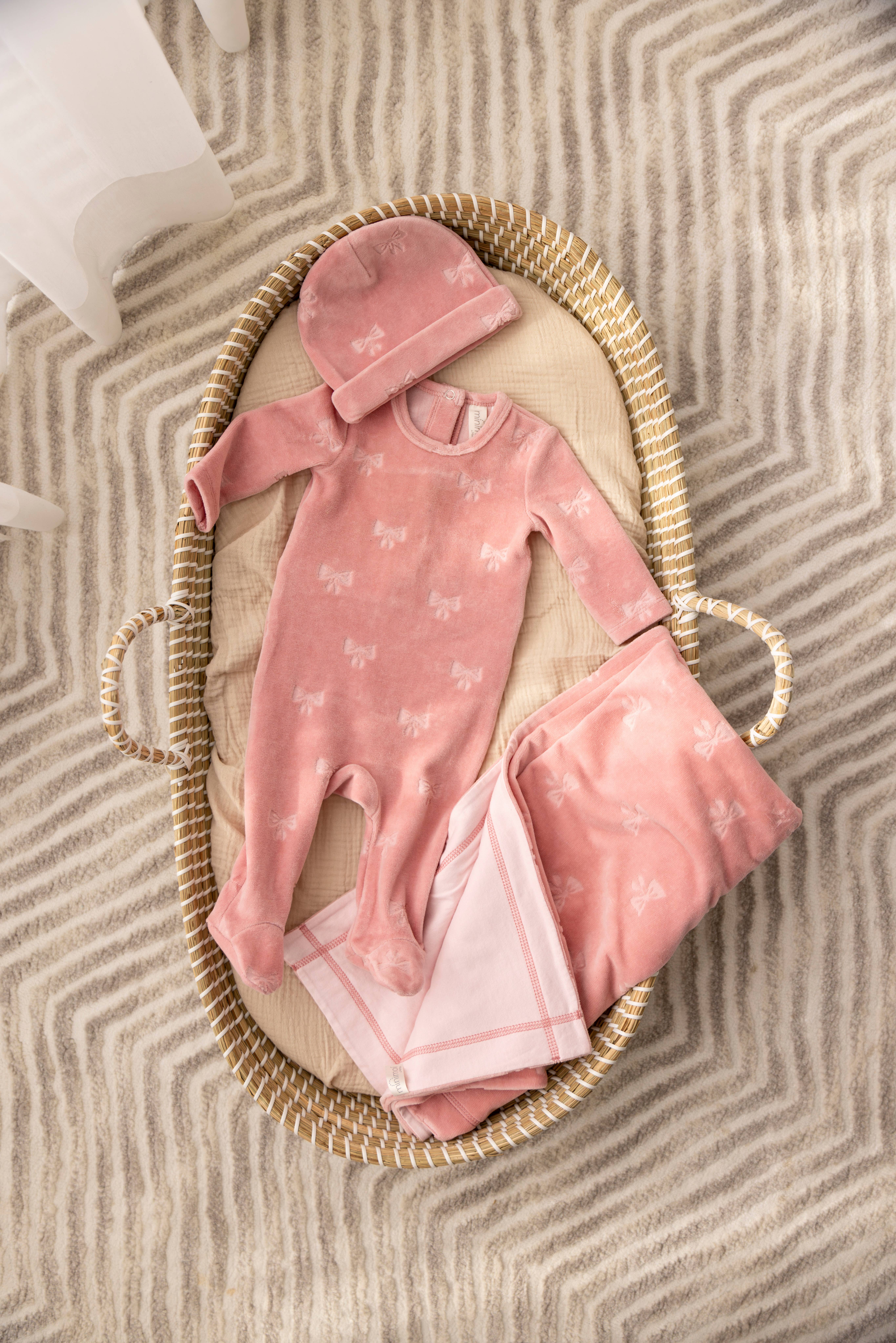 Pink Velvet Bow 3 Pc Footie Set for wholesale on Faire2