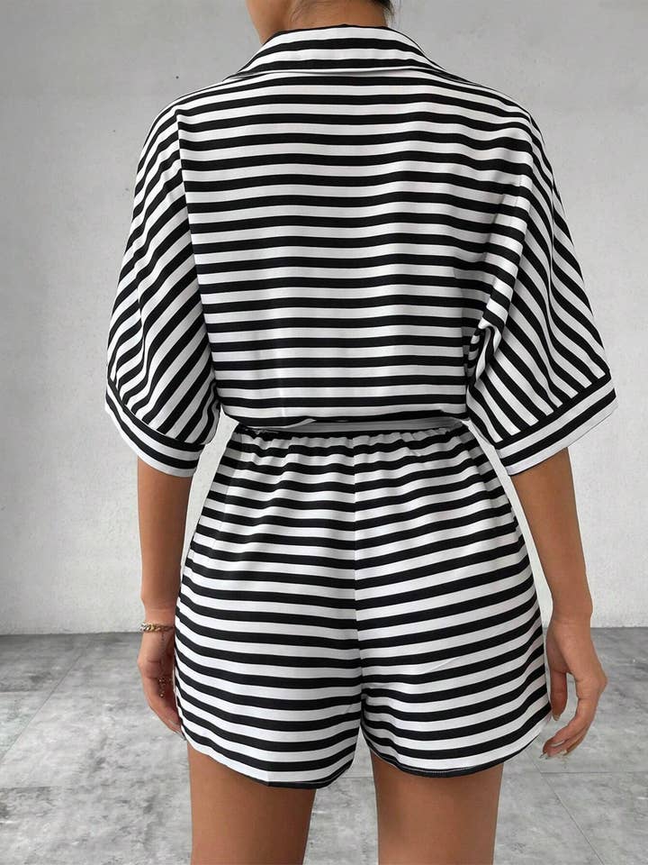 Wholesalesir - Wholesale Romper - Women's - Striped Lapel Button Waistband Shorts Jumpsuit