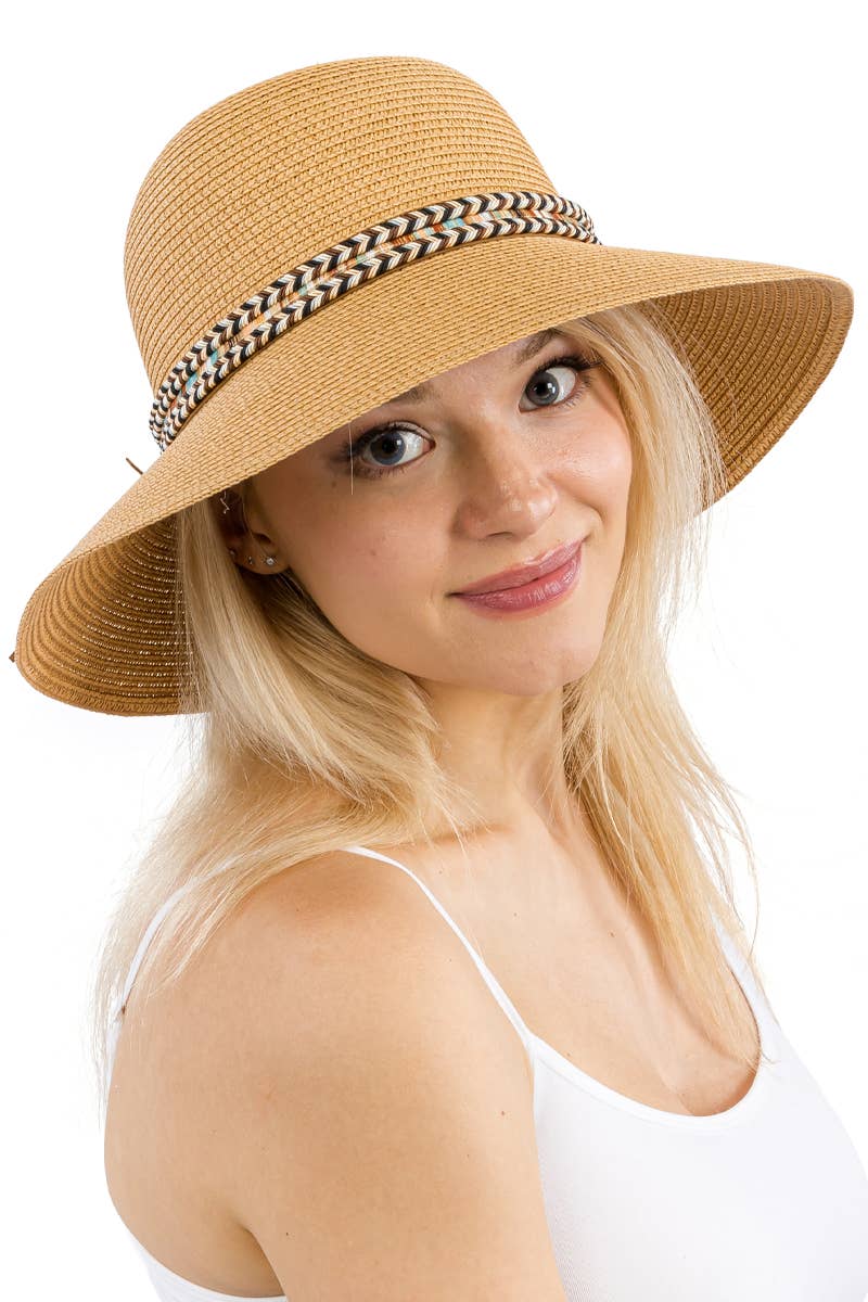 Cap Zone – wholesale Stråhatt – Dam – Cap Zone solhatt i derbystil med kupad kulle och tribalmönstrad kant i halm2