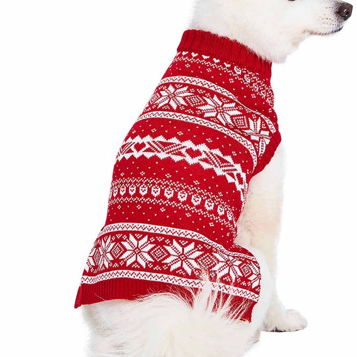 Custom-knit & Dyed Family Snowflakes Sweater in True Red for wholesale by Blueberry Pet