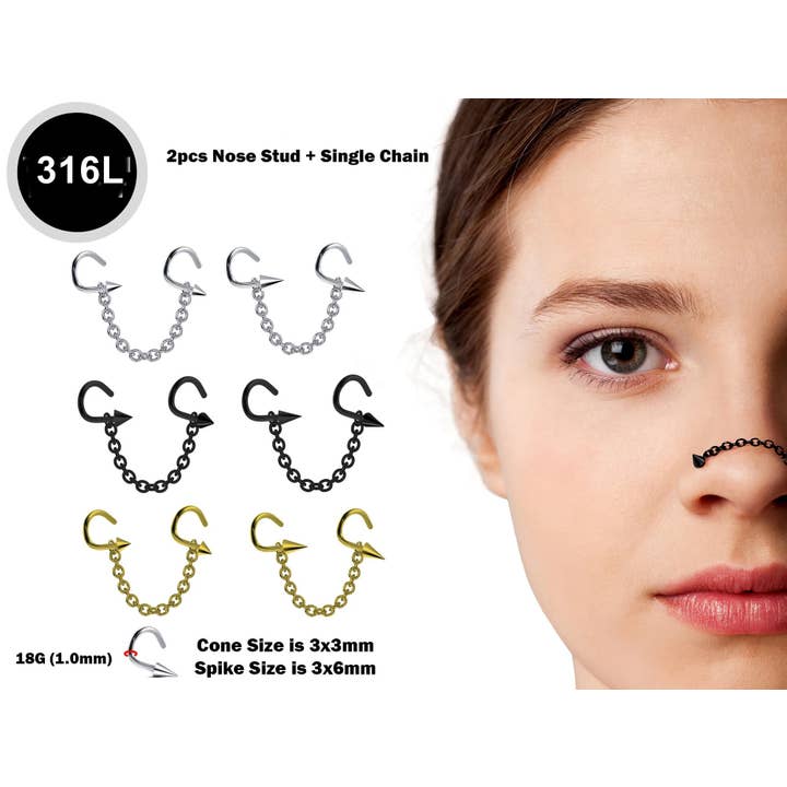Spike Nasallang Nose Screw Piercing,Nostril Studs&Chain-316L for wholesale by Bodytrend