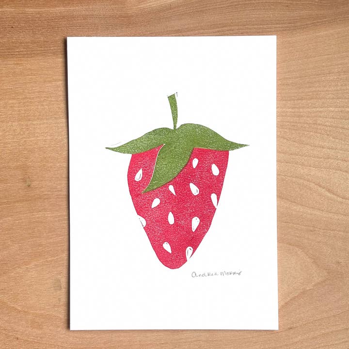 "Jordbær Sødme" Håndlavet Linoleumstryk for engroshandel hos Andrea Morris Art