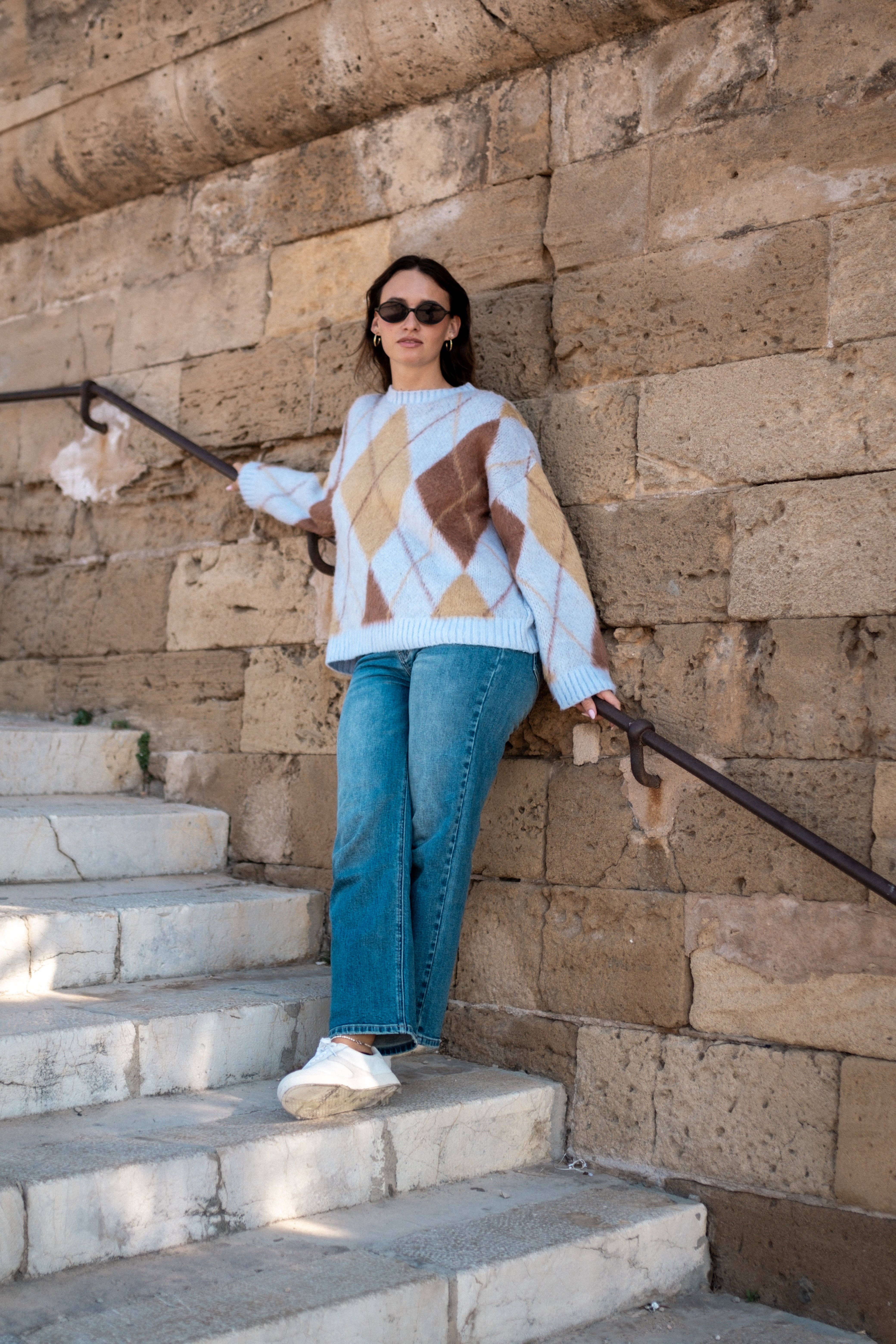 GINI LONDON - Wholesale Knit Sweater - Women's - Blue Argyle Knit Round Neck Jumper7