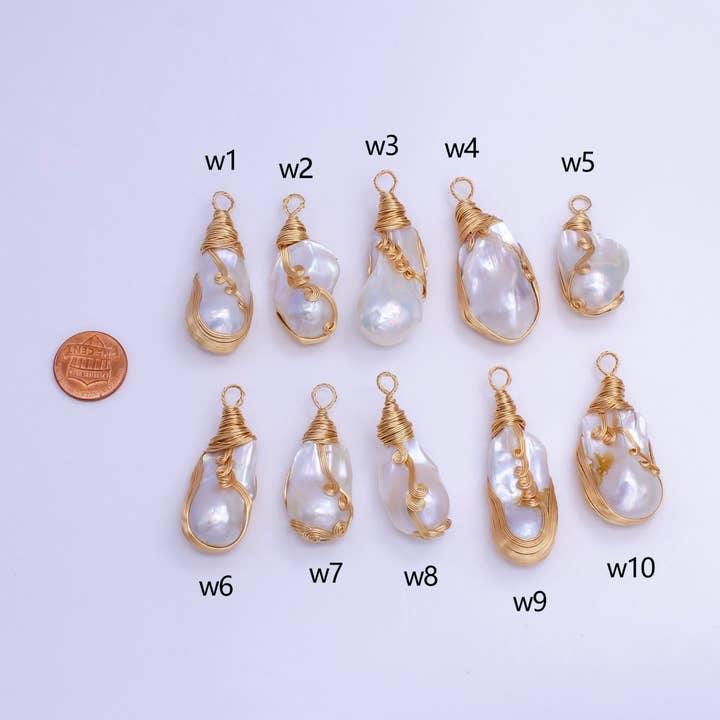 24K Gold Filled Circular Unique Wired Baroque Freshwater Pearl Pendant | P1854 W for wholesale by Aim Eternal