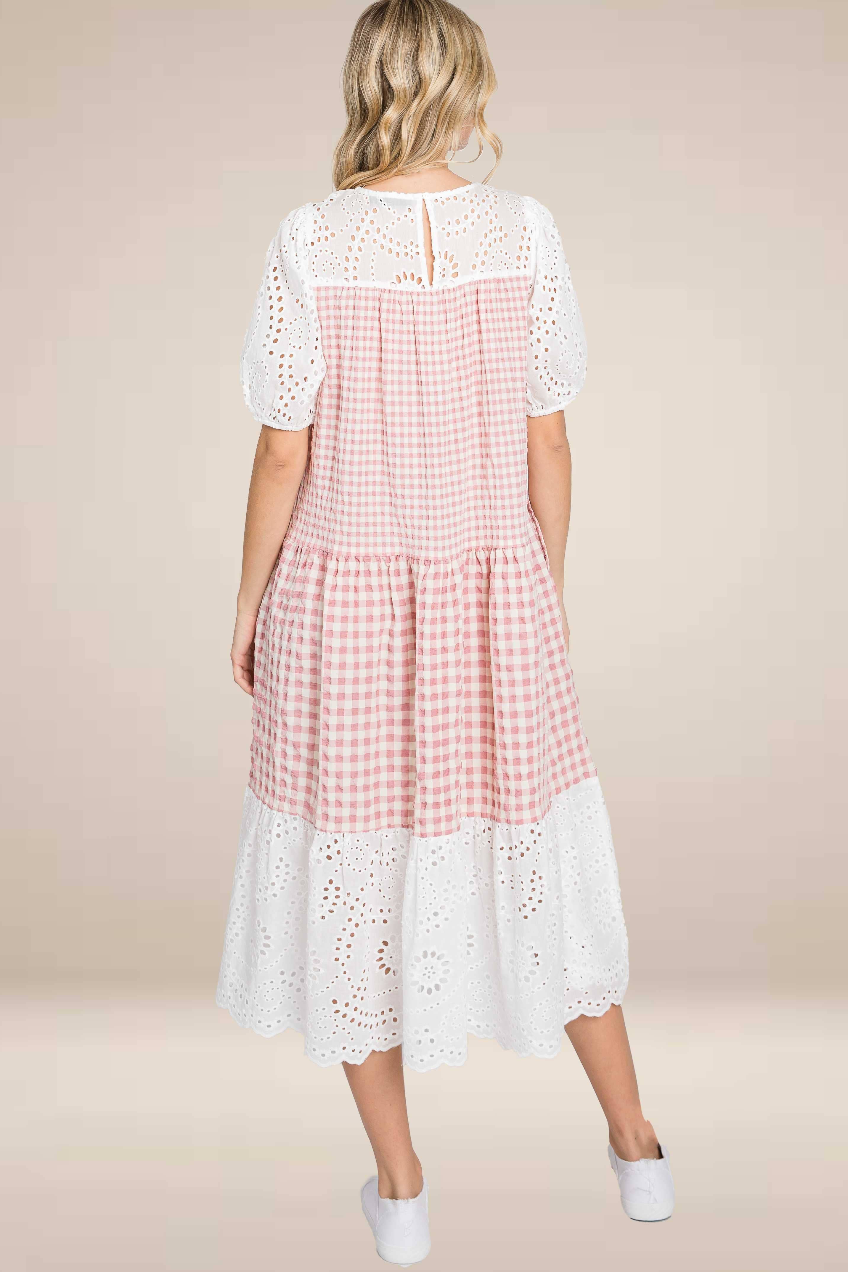 ELLEBORN - Wholesale Dress - Women's - Gingham with cotton eyelet midi dress  3127D-28