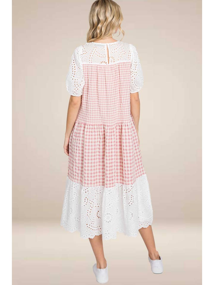 ELLEBORN - Wholesale Dress - Women's - Gingham with cotton eyelet midi dress 3127D-28