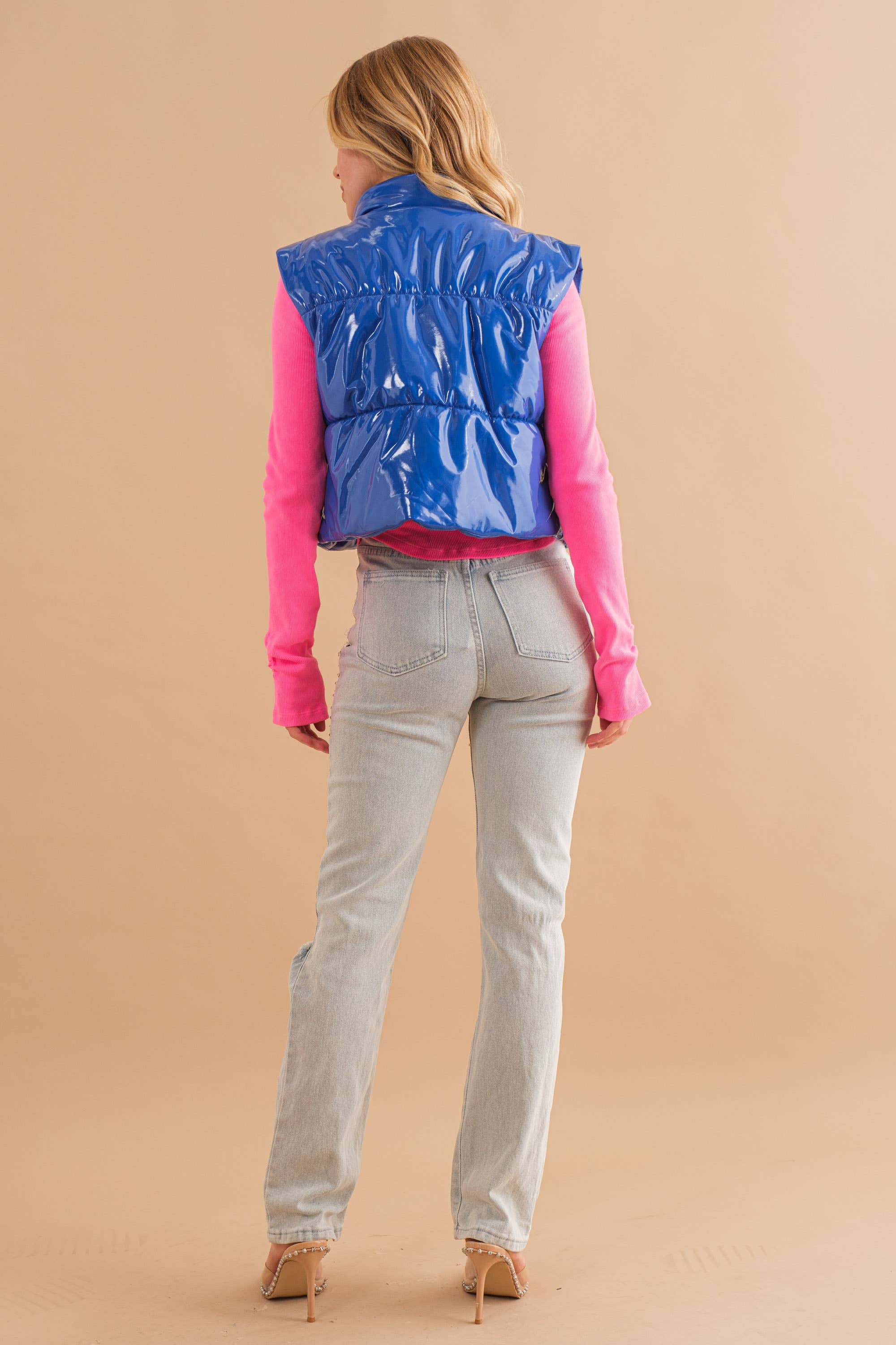 Blue B - Wholesale Outerwear Vest - Women's - 22656J - Gloss Shiny PU Quilted Puffer Zip Up Crop Vest30