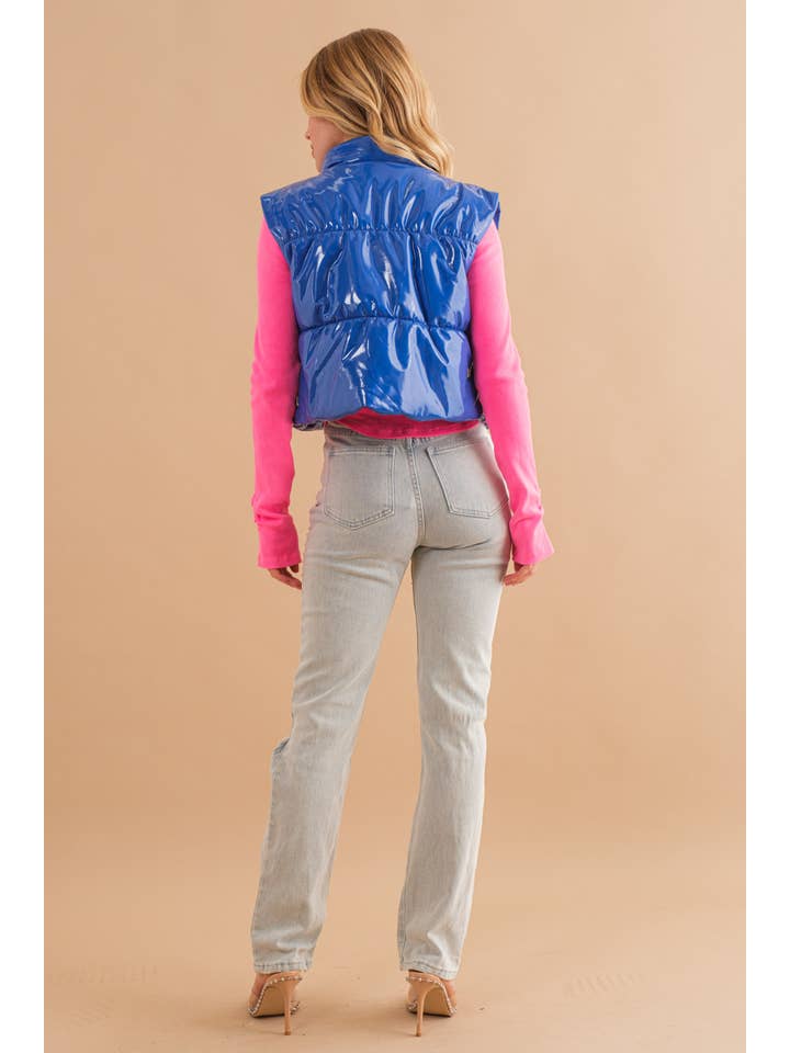 Blue B - Wholesale Outerwear Vest - Women's - 22656J - Gloss Shiny PU Quilted Puffer Zip Up Crop Vest30