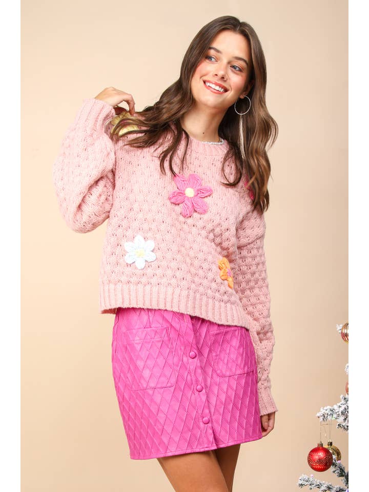 VERY J - Wholesale Knit Sweater - Women's - 12W3111NX-PLUS SIZE Hand Made Flower Applique Sweater Top