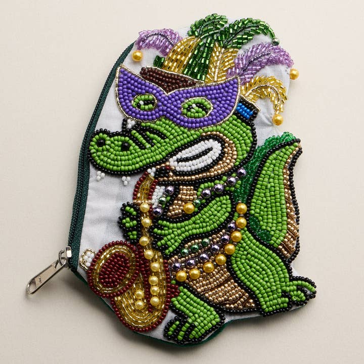 Handgemaakte Jazz Gator Muntportemonnee met Kralen – Mardi Gras Kleuren Groen Paars Goud voor wholesale door Lilla Haven