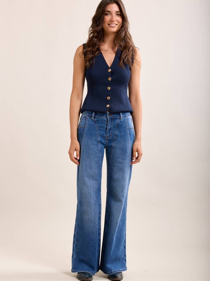 Toxik3 pantalón vaquero elástico de pierna ancha con costuras estilo western para venta al por mayor de Toxik3